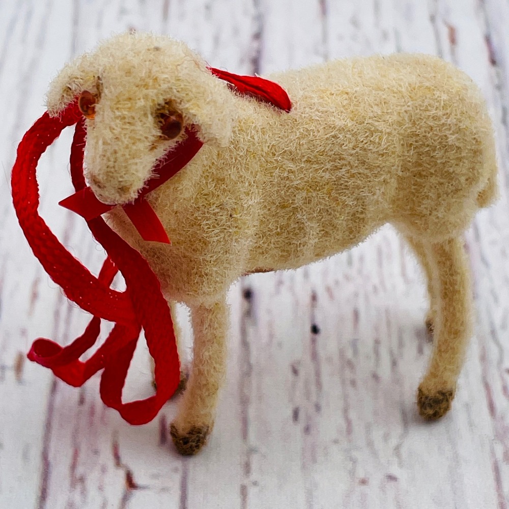 Vintage Wagner West Germany Flocked Lamb Sheep Ornament Red Ribbon Bell Cream